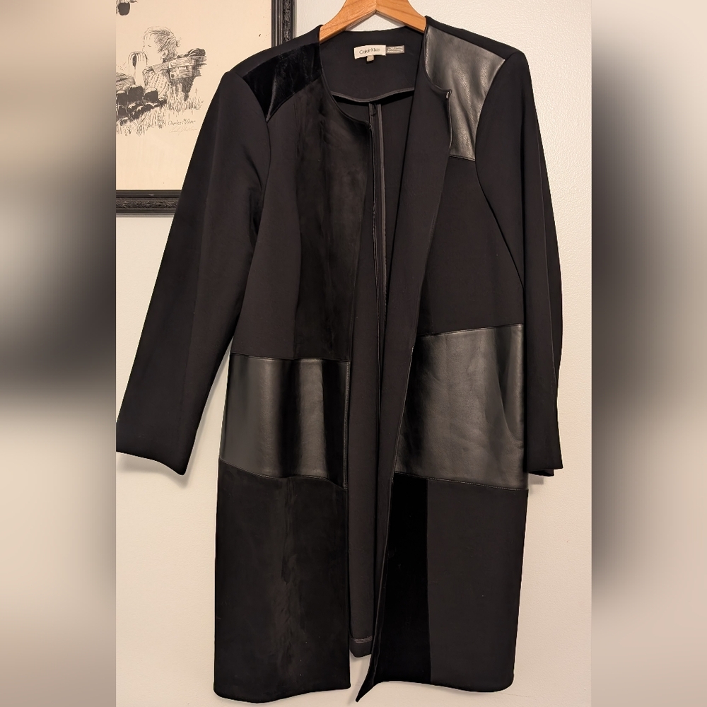Calvin Klein Black Mixed-Texture Long Trench Coat